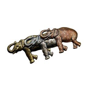 Vintage Elephants Pin Brooch Tri-Color Metal Copper Brass Silver Color Figural